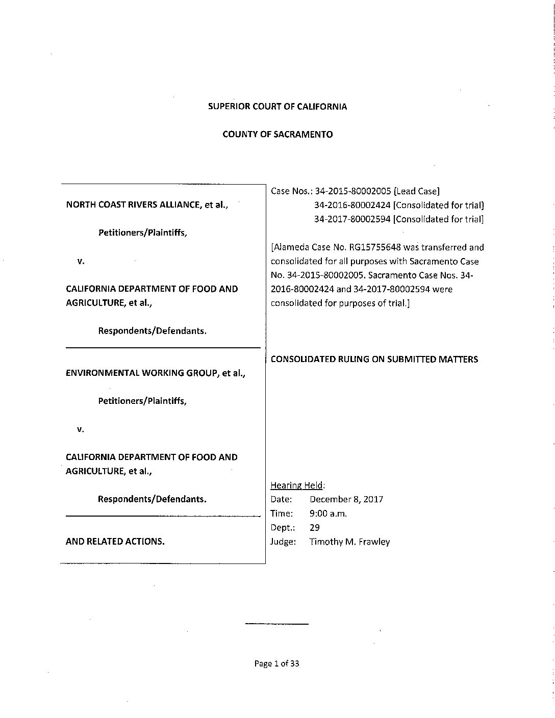 NCRA v Food and Ag Consolidated Ruling on Submitted Matters